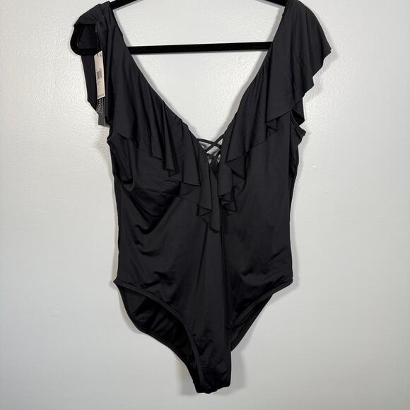 La Blanca Ruffle Plunge One-Piece Swimsuit Black 16 Tummy Control Resort - Picture 3 of 7